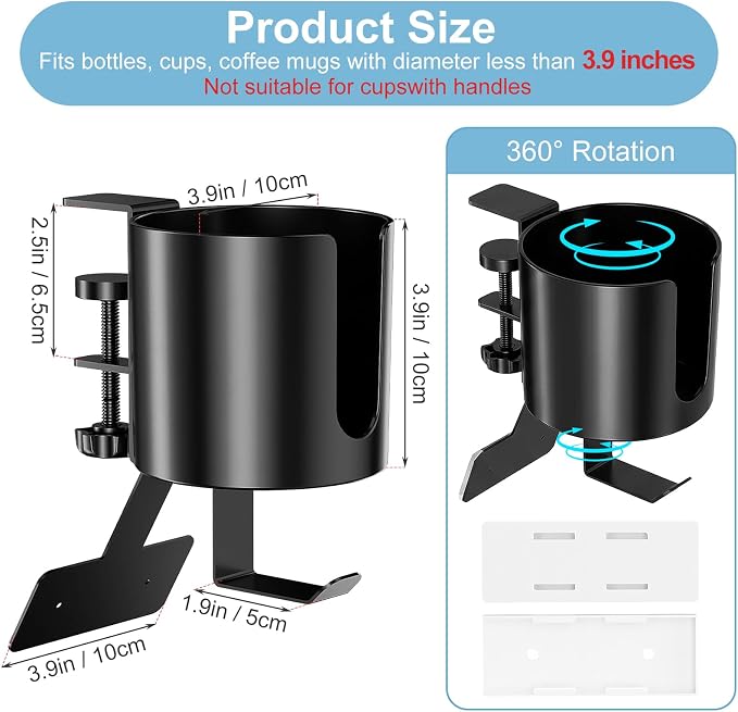 MYITYARD 3 in 1 Desk Cup Holder Clamp, Clip On Table Cup Holder with Headphone Hook & Power Strip Holder, Rotatable Water Bottle Drink Coffee Mug Organizer, Gaming Accessories for Home and Office