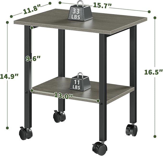 2 Tier Printer Stand with Storage, Under Desk Printer Table, Space-Saving Printer Table with Locking Wheels, Rolling Printer Cart for Home Office, Grey