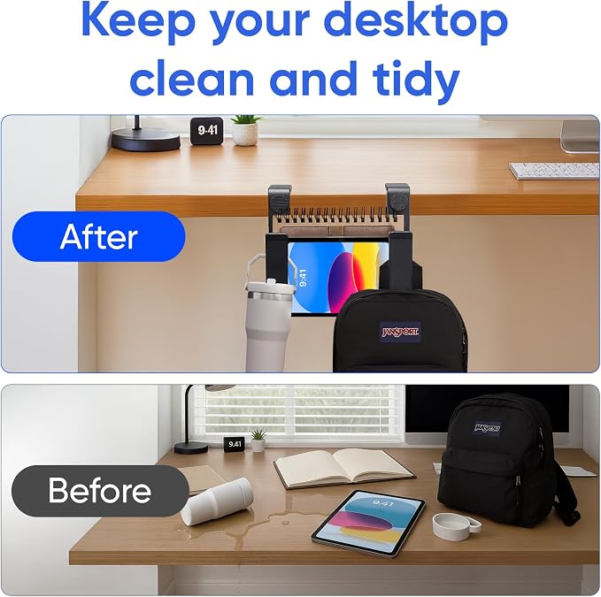 OOKUU Adjustable Desk Side Laptop Holder, No Drill Laptop Side Desk Mount, Hanging Side Desk Laptop Stand, Non-Slip Scratch-Resistant Pad（Black）