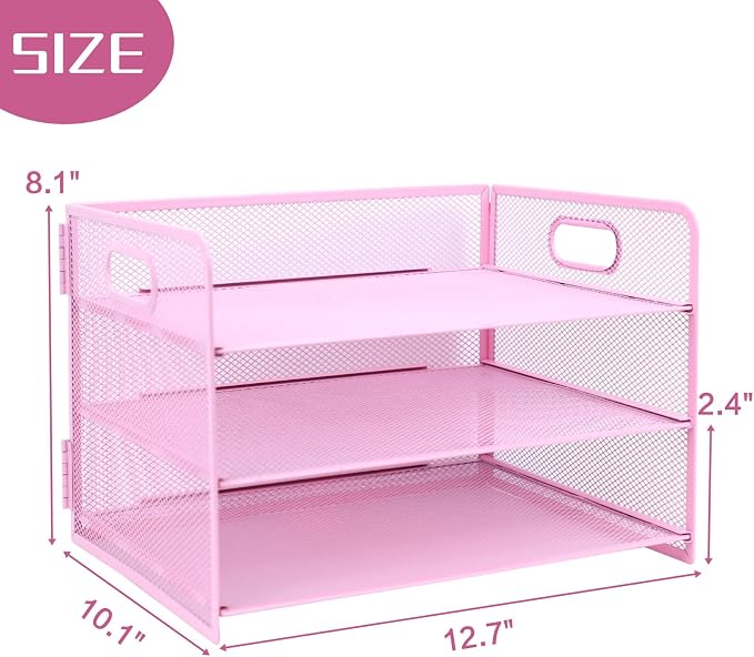 3 Tier Lettrer Tray Organizer with Handle, Metal Mesh Desk File Organizer with Sliding Trays, Paper Sorter Desk for Home Office School, Pink