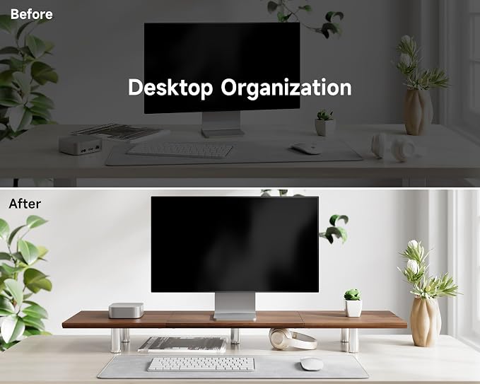 Fenge 39.4 Inch Dual Monitor Stand, Height Adjustable Monitor Riser Stand for Desk, Wooden & Steel Monitor Shelf for 2 Computers up to 99lbs, Stable Desk Organizer for PC Laptop TV, Brown
