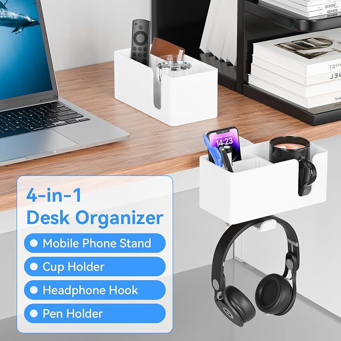 Desk Cup Holder Clamp with Headphone Hanger and Storage Tray | Clamp on design, rotating headphone hanger, detachable storage tray, cable holes, fits 5-50mm desks