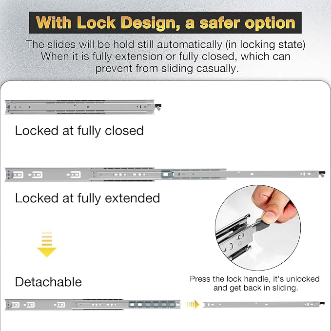 YENUO Heavy Duty Drawer Slides Full Extension With Lock Side Mount 12 14 16 18 20 22 24 26 28 30 32 34 36 40 Inch Ball Bearing Metal Rails Track Guide Glides Runner 150 Lbs 1 Pair (With Lock, 12 inch)