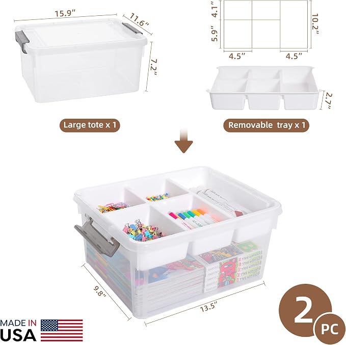 Citylife 17 QT Plastic Storage Box with Removable Tray Craft Organizers and Storage Clear Storage Container for Organizing Bead, Tool, Sewing, Playdoh, 2 Packs