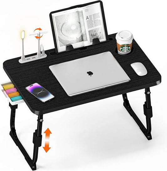Lap Desk for Bed, Adjustable Laptop Desk with USB Charging Port, Storage Drawer & Bookshelf — Foldable Bed Desk for WFH & Students, 23.6" Desktop Fits 17" Laptop, Non-Slip, Black