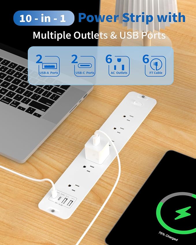 Recessed Power Strip, Flush Mount Power Strip with USB Ports, PD 20W USB C Fast Charging, 6 FT Extension Cord Surge Protector with1800J, Furniture Hidden Outlet for Side Table, End Table