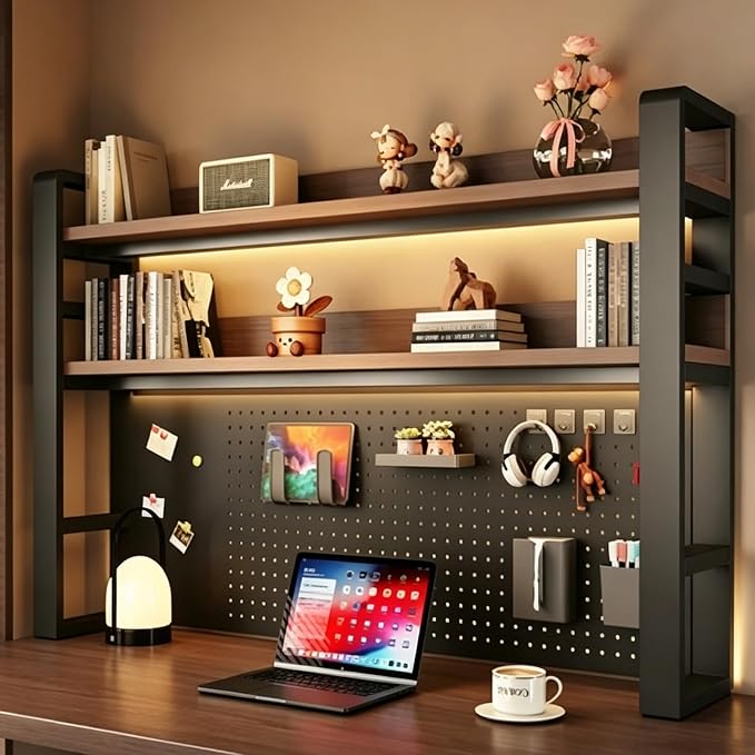 Desk Shelf Organizer with Pegboard & Storage Parts, 45kg Heavy Duty Desk Hutch, Desktop Storage Rack for Office & Home Office Shelves Black Shelf/Walnut Board (3-Tier) 61×10×36.7"