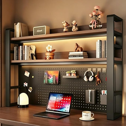 Desk Shelf Organizer with Pegboard & Storage Parts, 45kg Heavy Duty Desk Hutch, Desktop Storage Rack for Office & Home Office Shelves Black Shelf/Walnut Board (3-Tier) 53.2×10×36.7"