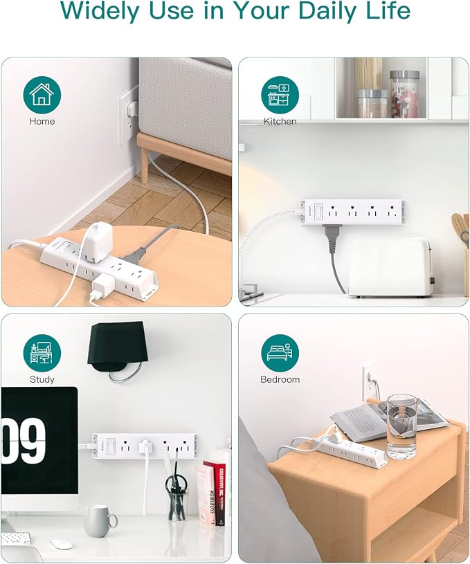 Flat Plug Power Strip, Ultra Thin Flat Extension Cord - Addtam 12 Outlet 3 Sides Multiple Outlets, 5Ft, 1050J Surge Protector, Wall Mount, Desk Charging Station for Home Office Dorm Room Essentials