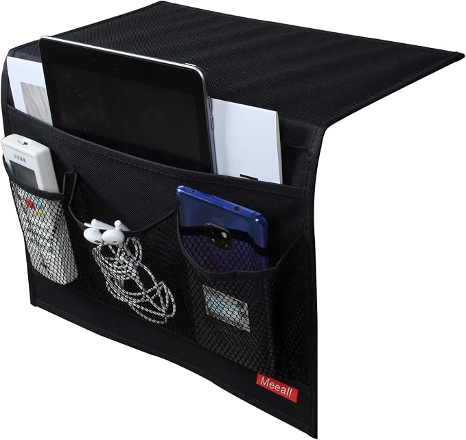 Bedside Storage Organizer with Pockets, Bedside Caddy, Table Cabinet Storage Organizer, TV Remote Control, Phones, Magazines, Tablets, Accessories, Black