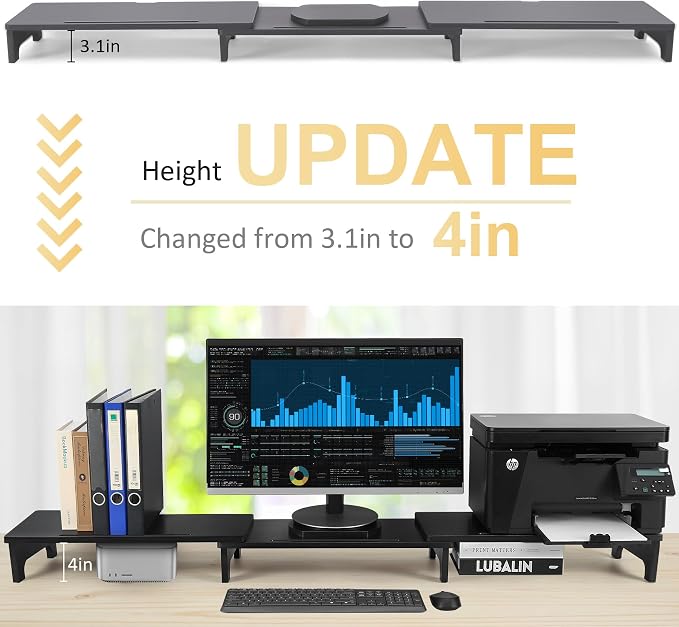 Nnewvante Monitor Stand Riser, Upgrade Height Large TV Riser, 60 inch Large Bamboo Dual Monitor Stand for Desk, 3 Shelves Desktop Screen Riser with Adjustable Length Angle for Computer Laptop Black