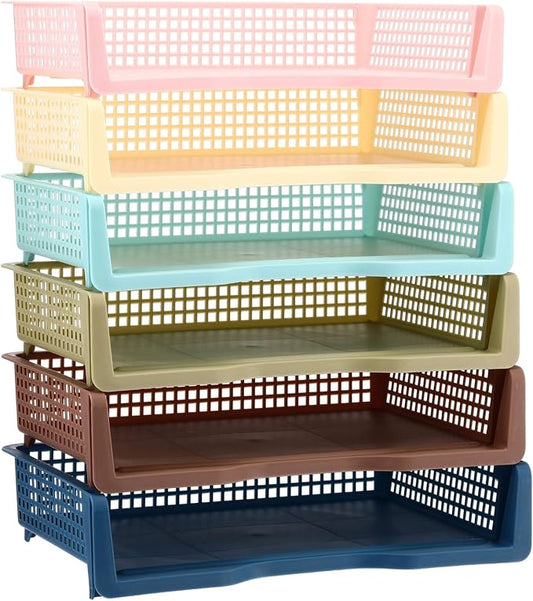 Weysat 6 Pcs Turn in Trays Classroom, Stackable Paper Tray for Classroom Organization Plastic Desk File Organizer Bin Basket for Library Drawer Teacher Office Document Storage (Morandi Tones,Wide)