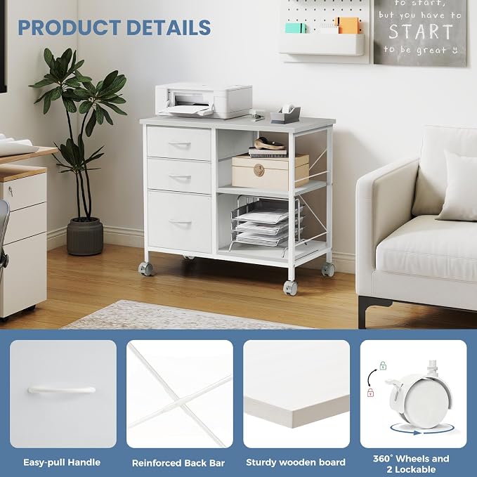 OLIXIS 3-Tier Printer Stand with Fabric Storage Drawer, Rolling Printer Cart with Lockable Wheels and Metal Frame, Under Desk Table with Open Storage Shelf for Small Spaces, Home, Office, White