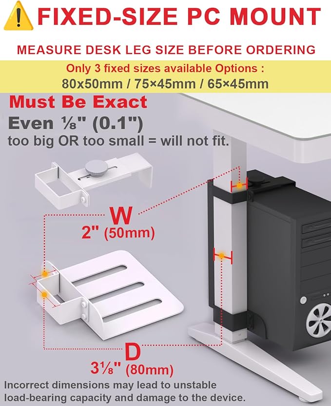 Under Desk PC Mount - No Drilling 40 lb Capacity, CPU Holder Under Desk, Adjustable Height and Width, Clamp-on Desk Leg PC Mount for Standing Desk (Fits 80mm×50mm Legs only), with Non-Slip Pads, White