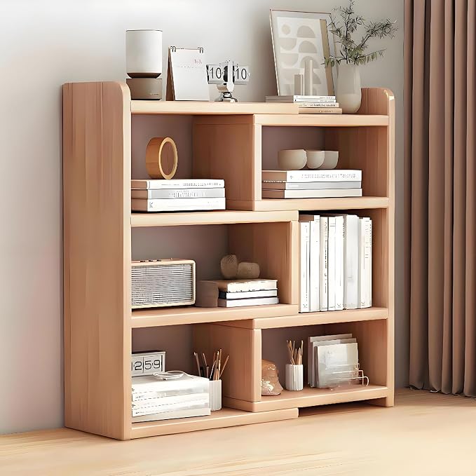 Expandable Bookshelf - Wood Desktop Organizer, Multipurpose Shelves for Office Storage and Corner Display, Ideal for Small Spaces, Living Room and Study