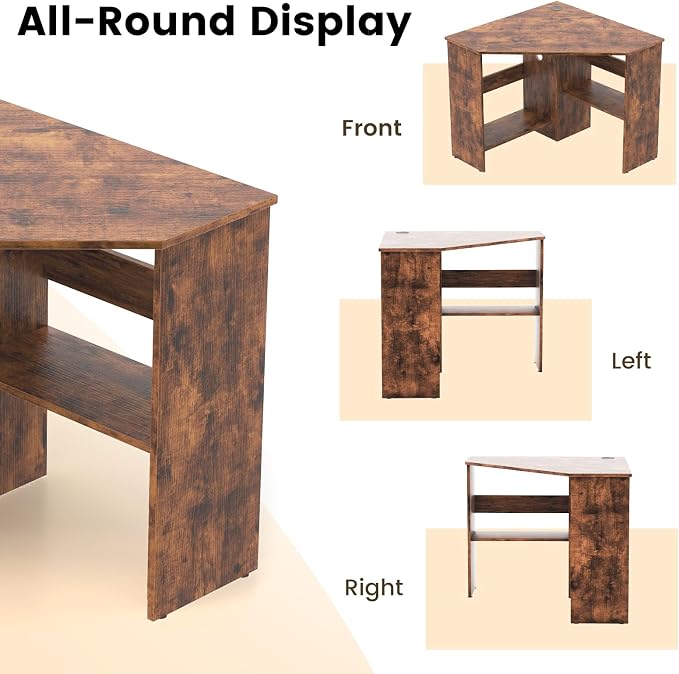 HOMGX Corner Computer Desk, Triangle Desk with Storage Shelves, Small Corner Desk for Small Spaces, Corner Vanity Desk for Home, Bedroom, Living Room, Office (Coffee)