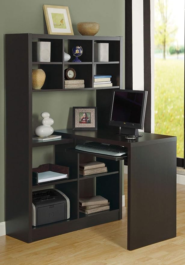 Monarch Specialties I Storage-Bookcase Left Or Right Set Up-Corner Desk with Multiple Adjustable Shelves, 60"L, Cappuccino