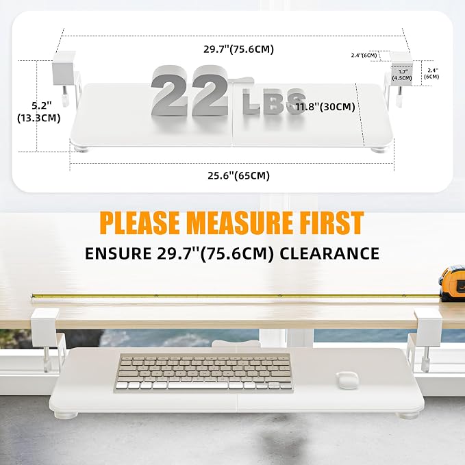 Keyboard Tray Under Desk, Pull Out Keyboard Tray with C Clamp Mount, 25.6" (29.7" Including Clamps) x 11.8" Slide-Out Platform Computer Drawer for Typing, Keyboard & Mouse Tray, White