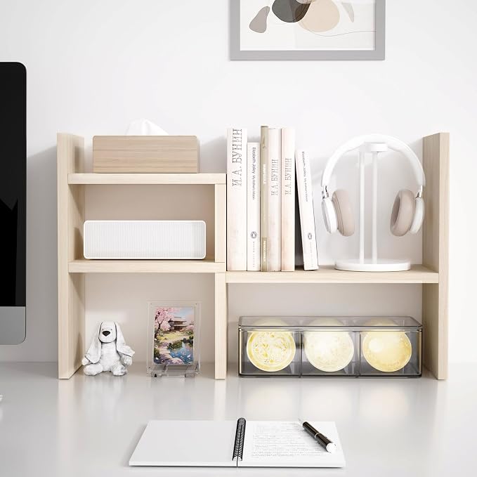 Jerry & Maggie Desktop Organizer Office Storage Rack Adjustable Wood Display Shelf Birthday Gifts Toy Home Decor Free Style Rotation Display True Natural Stand Shelf (White Wood Tone/2 Pack)