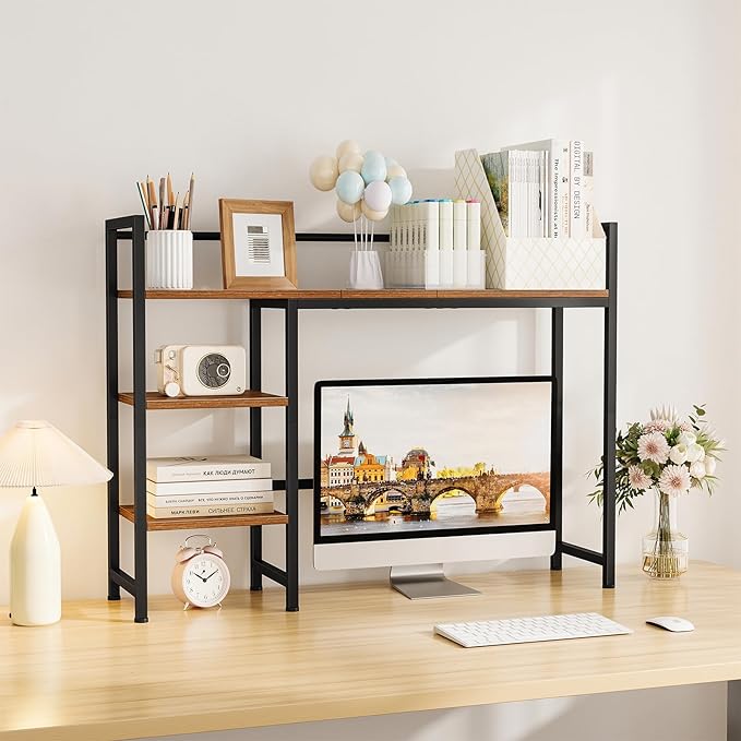 Snughome Desk Shelf, 38.6" Desktop Organizer Shelf, Desk Hutch for Computer Monitor, 4 Tier Desk Display Rack, Wood Desktop Bookshelf Storage Rack for Home Office Dorm, Rustic Brown | Desktop Organizer Shelf