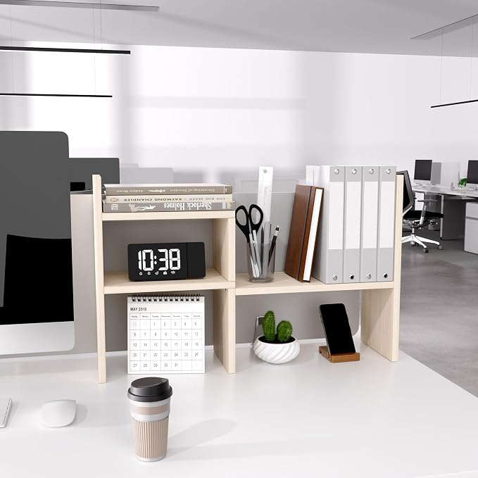 Jerry & Maggie Desktop Organizer Office Storage Rack Adjustable Wood Display Shelf Birthday Gifts Toy Home Decor Free Style Rotation Display True Natural Stand Shelf (White Wood Tone/2 Pack)