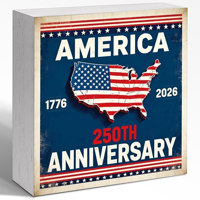 Patriotic Wooden Box Sign,1776-2026 Anniversary 4th Of July Signs Home Decor,Independence Memorial Day Block Sign for Desk Shelf Tabletop Decor