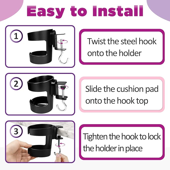 4Pcs 2-in-1 Desk Cup Holder, Compatible with Stanley and Owala Water Cup | Adjustable Anti-Spill Tumbler Clamp Organizer with Hook, Ideal for Office and Home Workstation (Black)