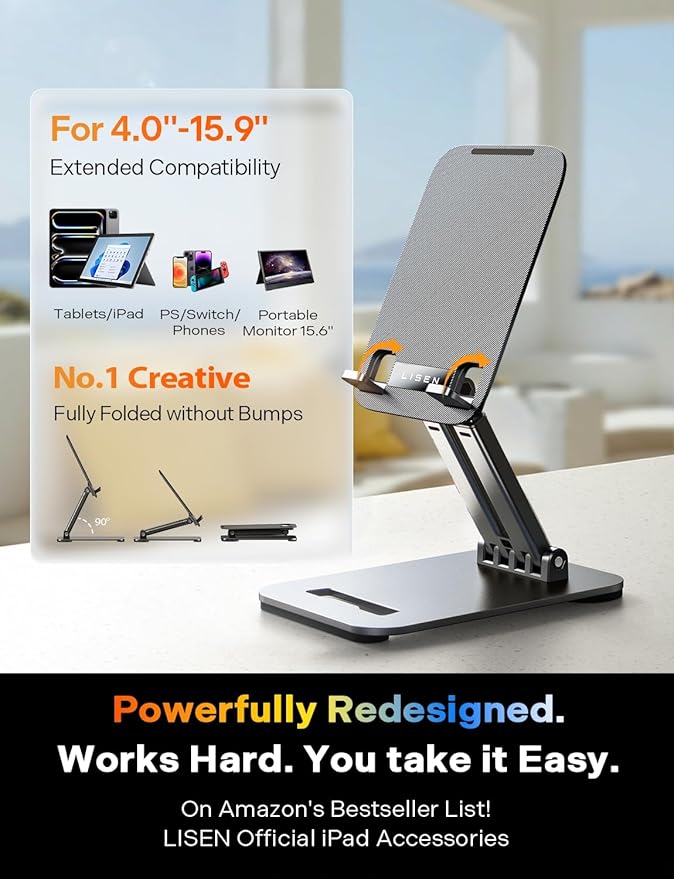 LISEN Tablet Stand for iPad, Tablet Holder for Desk, Desk Accessories Portable Monitor Stand for Apple iPad mini Air Switch Kindle, Adjustable Height and Angle, Foldable Design for Travel