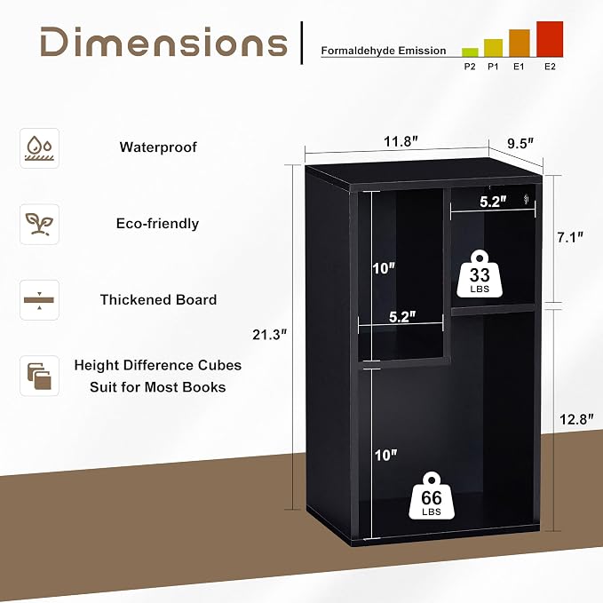 VECELO 11.8" Open Bookshelf, Waterproof Particle Board Asymmetrical Split Cubby Storage Organizer, Black Uneven Compartment Display Cube for Tall Books, Bedroom Dorm Office