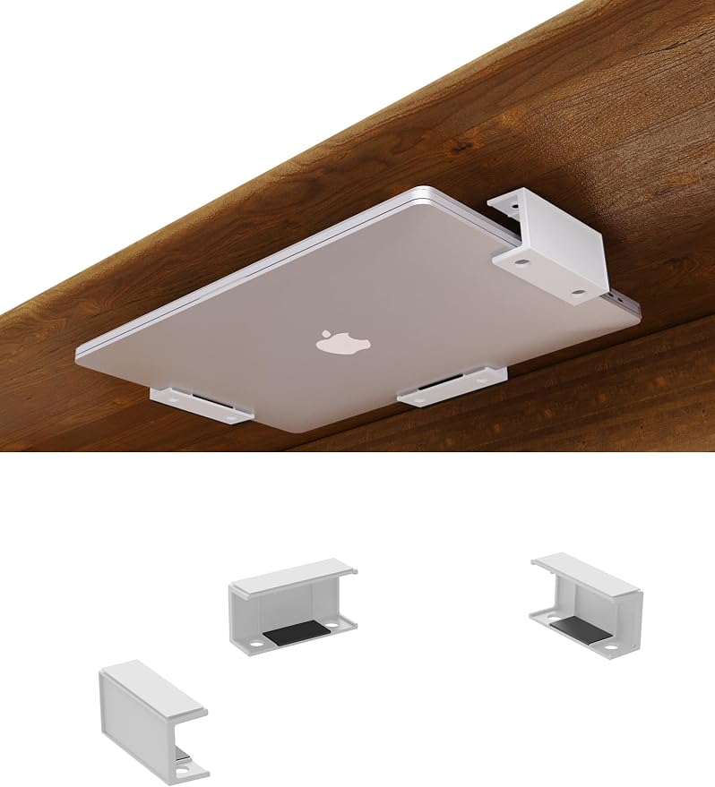 Under Desk Laptop Holder MacBook Drawer Mount for Keyboard & Small Devices Also Fit for Cable Box Wall Mount Tray Organizer Like Routers, Modems, Network Switch and (White)
