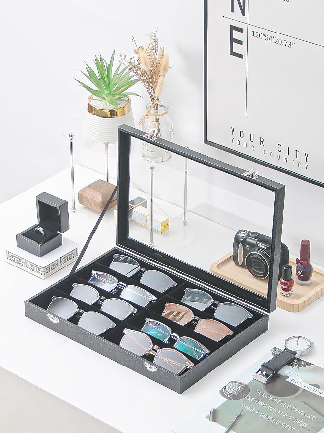 Jewelry Sunglasses Organizer Tray, Black Velvet Eyeglasses Display Tray Box, Glasses Organize Storage Holder for Home Desk or Selling Show Display (with Lid)