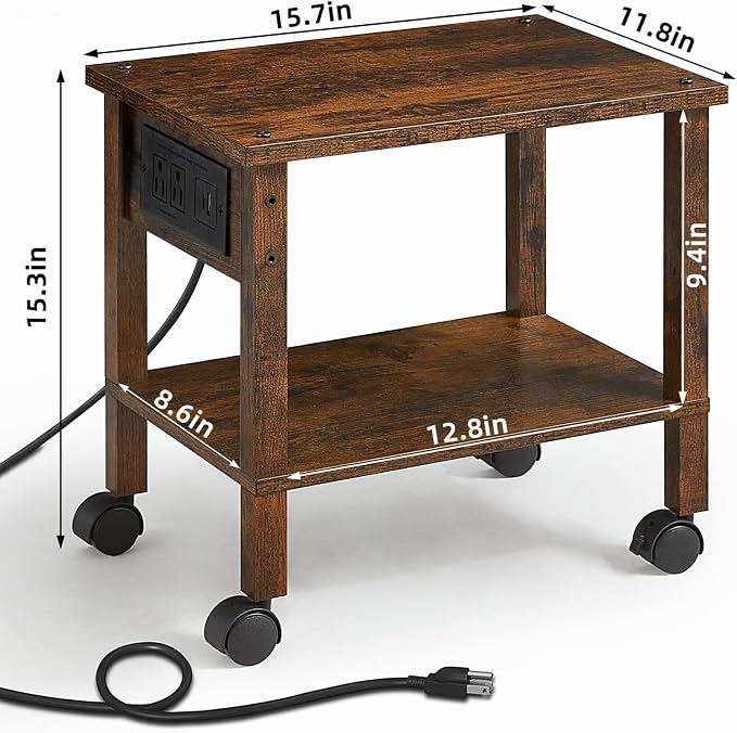 YUFAM 2 Tier Under Desk Printer Stand with Storage, Small Printer Table with Charging Station, Rolling Printer Cart Shelf with Lockable Wheels for Home, Office (Brown)