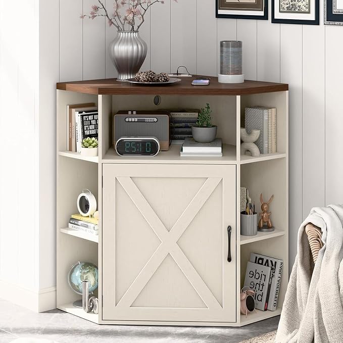 Halitaa Corner Storage Cabinet, 6-Cubby Wooden Cabinet with USB Ports and Outlets, Farmhouse Corner Bookshelf with Storage Industrial Organizer for Study, Playroom, Living Room, White and Brown