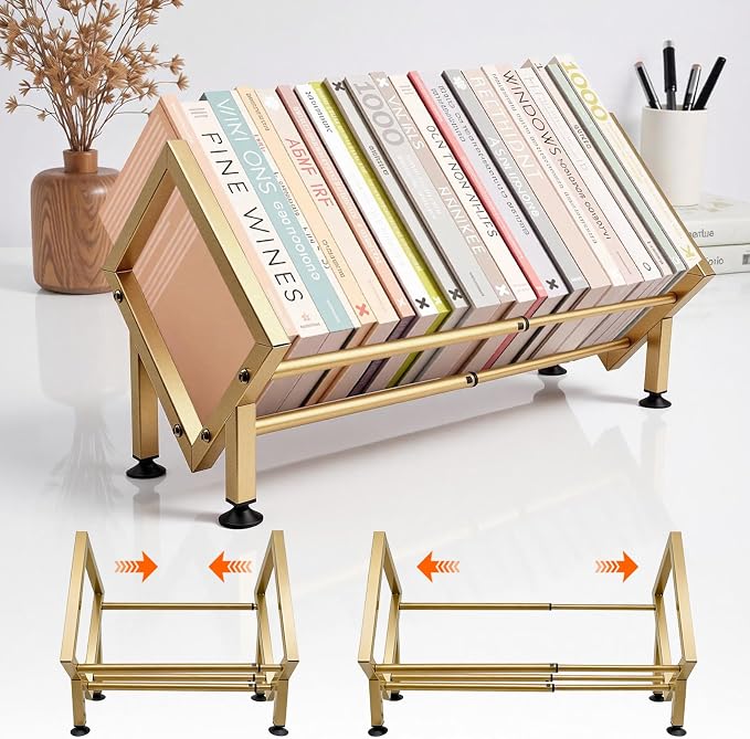Expandable Desktop Bookshelf Organizer, Small Tabletop Book Storage Rack, Portable Mini Bookcase for Books/CDs/Magazine Display, Desk Shelf for Top of Desk in Living Room, Office, Home Decor (Gold)