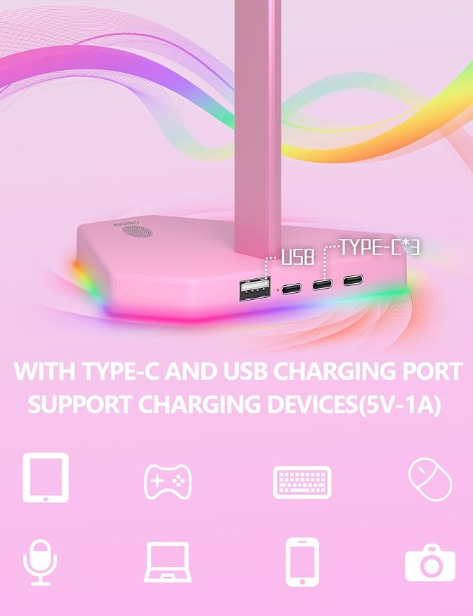 RGB Headphones Stand with 1 USB-C Data Transmission& 3 Type-C Charging Port, Desk Gaming Headset Holder with 7 Light Modes and Non-Slip Rubber Base (Pink)