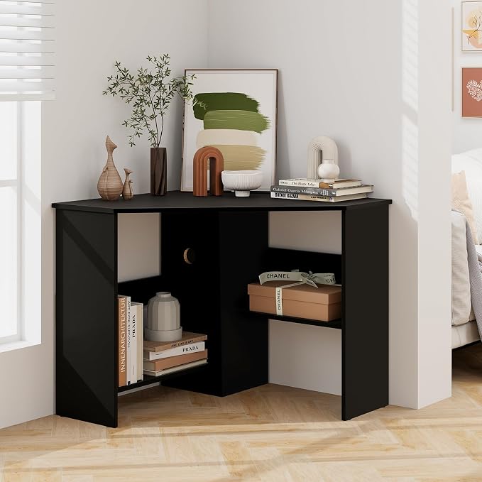 SlickBlue Corner Computer Desk with Triangle Design and Storage Shelf for Space-Saving