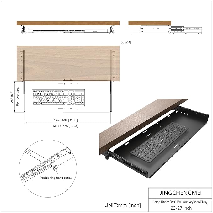 Sliding Keyboard Tray Under Desk, Pull-Out Keyboard and Mouse Tray, 27 x 9.8 inches Large Platform Slide-Out Computer Drawer for Typing, Metal, Black