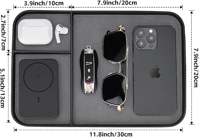 SENEN Leather Tray, Stylish and Organized Multifunctional Tray, for Table Entryway, Premium PU Leather, Catchall Tray for Keys, Watch, Wallet, Jewelry, and More (Black Frame)