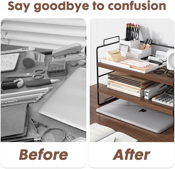 ShellKingdom Desk Shelf Organizer, 2 Tier Desktop Shelves, Adjustable Bookshelf Storage Rack and Office Cubicle Decor for Tabletop, School, Office, Dorm Organization (Black Frame + Wood Board)