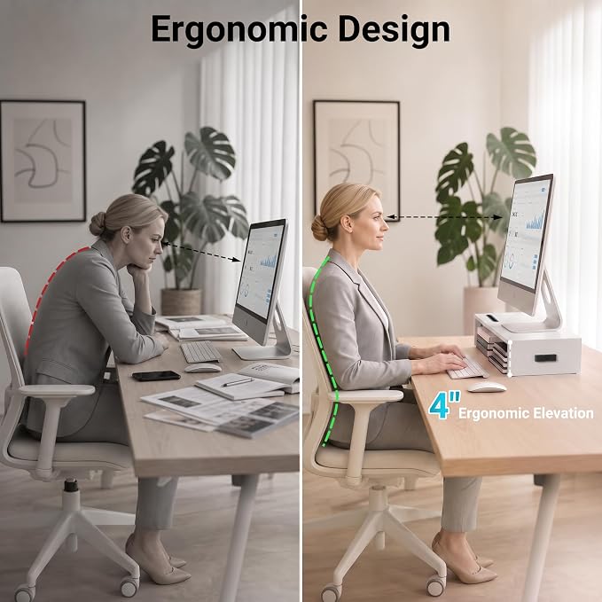 BONTEC Monitor Stand Riser with Cellphone Holder & Cable Management, 16.7 Inch Wood Monitor Riser Stand, Desktop Stand for PC/TV/Laptop/Printer, White
