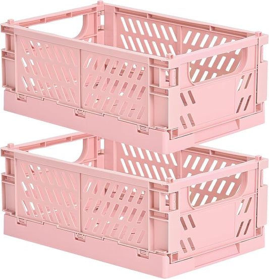 HUUSMOT 2-Pack Small Pastel Plastic Storage Baskets, Collapsible Crates for Organizing, Space-Saving Mini Bins for Classroom, Kitchen, Office, Bedroom (Pink, 9.8" x 6.5" x 3.8")