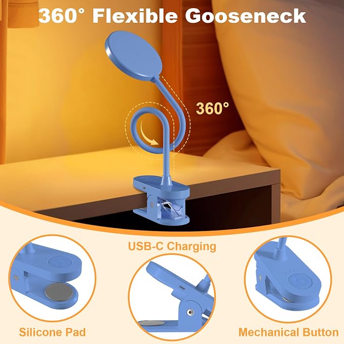 Rechargeable Desk Lamp with Clamp, 97 LED Eye-Care Table Light for Kids Bedroom with 3 Color & 10 Brightness, Cordless Clip on Lamp for Bed Book Reading Crafting Drawing Gaming Puzzle (Blue/4.7'')