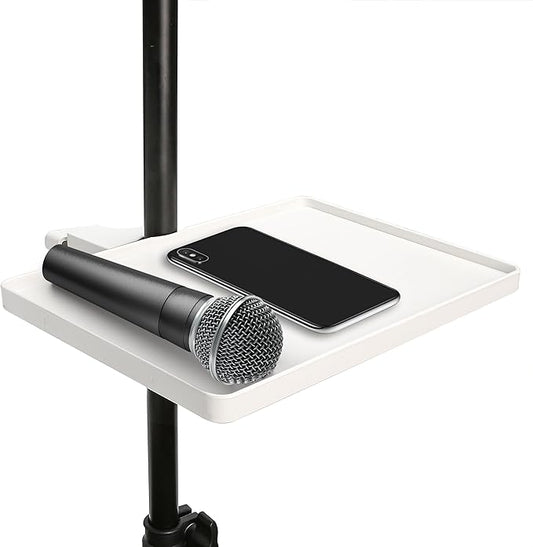 Utility Microphone Tray Holder, White Clip-On Accessories Clamp Pole Mount Shelf for Music Table, Tripod, Live Streaming Room, Karaoke, Recording, Instrument Sound Card Brackets (8.7'' x 6.5'')