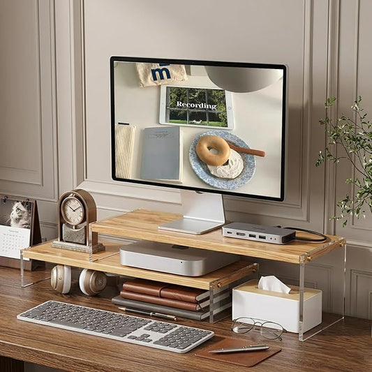 YGYQZ Adjustable Monitor Stand Riser with Acrylic Legs丨7.67" Wide Dual Monitor Stand for Desk丨2-Tier Wood Desktop Organizer for Computer, Laptop, Printer & PC丨Modern Aesthetic Desk Shelf(wood-flat)