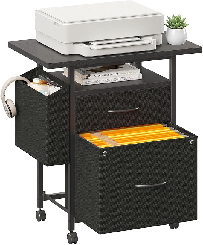 DUMOS 2 Drawer Mobile File Cabinet, Fabric Filing Cabinet with 24'' Desktop,Small Office Drawers Under Desk Fits A4/Letter Size, Rolling Printer Stand with Storage Side Bag for Home Office, Black