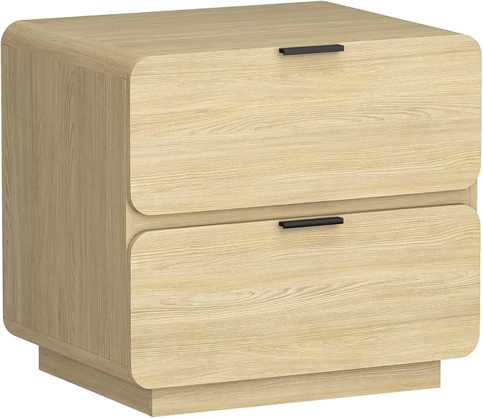 Manhattan Comfort Chrystie Fluted Nightstand 26" Bedside Table with 2 Full Extension Drawers and Metal Handles, Rounded Corners, Wood Grain Finish, Set of 2 for Bedroom or Living Room in Natural