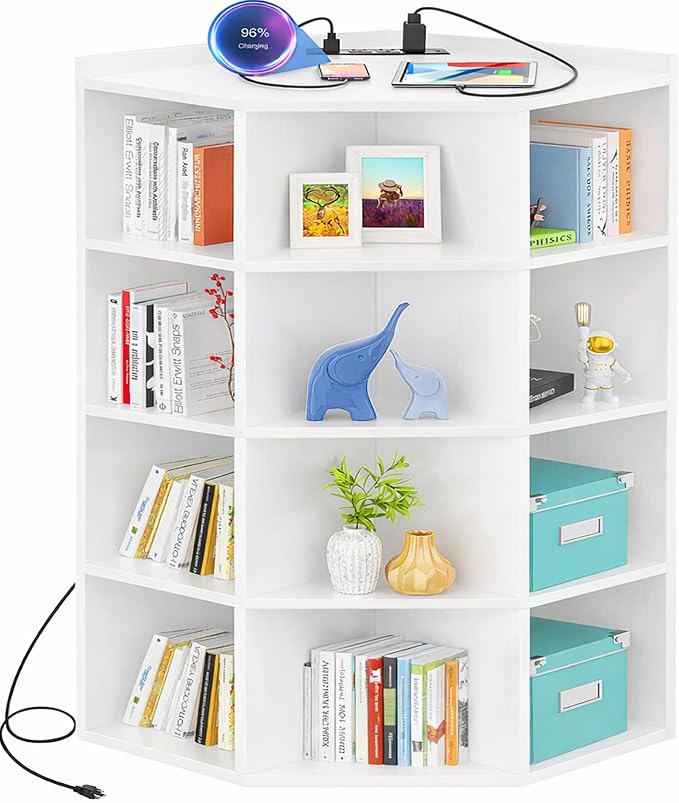 Aheaplus 5-Tier Corner Cube Bookshelf with Power Outlets, Wooden Corner Storage Cabinet with 12 Cubes, Corner Cube Organizer Shelf with Top Table, L Shaped Cubby Bookcase for Home Office, White