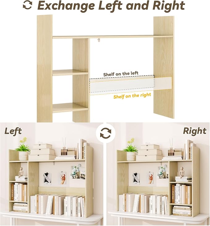 FTZxHKLX Desktop Bookshelf, 37.4’’ Wooden Desk Storage Hutch with 3 Shelves,4 Tier Multipurpose Display Shelf with Storage, Wooden Desk Shelf Organizer for Computer Desk, College Dorm, Office, Home