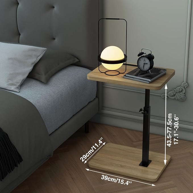 IBUYKE C Shaped Side Table, 360° Swivel Height Adjustable End Table for Small Spaces, with Phone & Tablet Slot, Modern Small Coffee Snack Table for Sofa/Bed, Natural UTVT003R