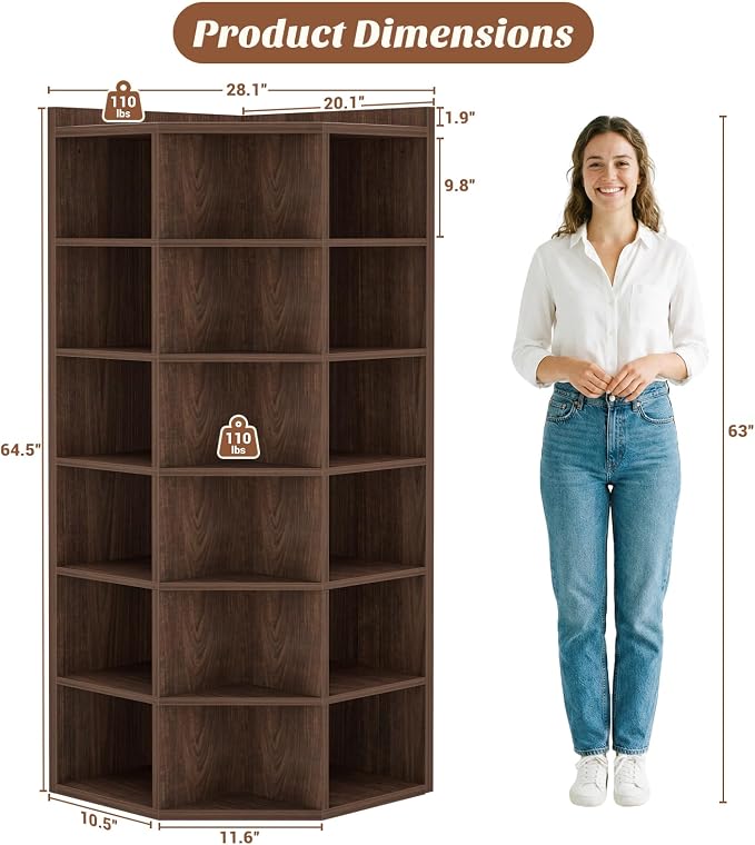 Aheaplus 7-Tier Wooden Corner Cube Bookshelf, Corner Storage Cabinet with 18 Cubes, Corner Cube Organizer Display Shelf with Top Table, Modern L Shaped Cubby Bookcase for Home Office, Black Walnut